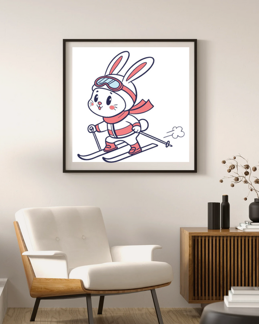 Cadre avec lapin joyeux sur skis dans un paysage hivernal en style cartoon
