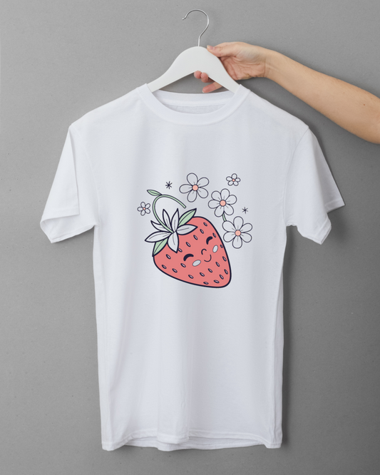 T-shirt orné d'une fraise souriante avec fleurs joyeuses dans un style kawaii
