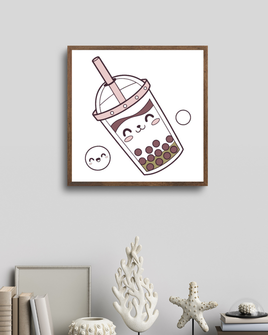 Cadre joyeux avec illustration kawaii de bubble tea coloré pour décoration murale