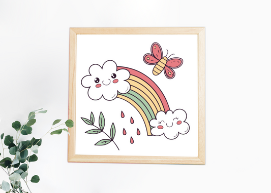 Cadre avec nuage kawaii souriant sur arc-en-ciel en style doodle printemps