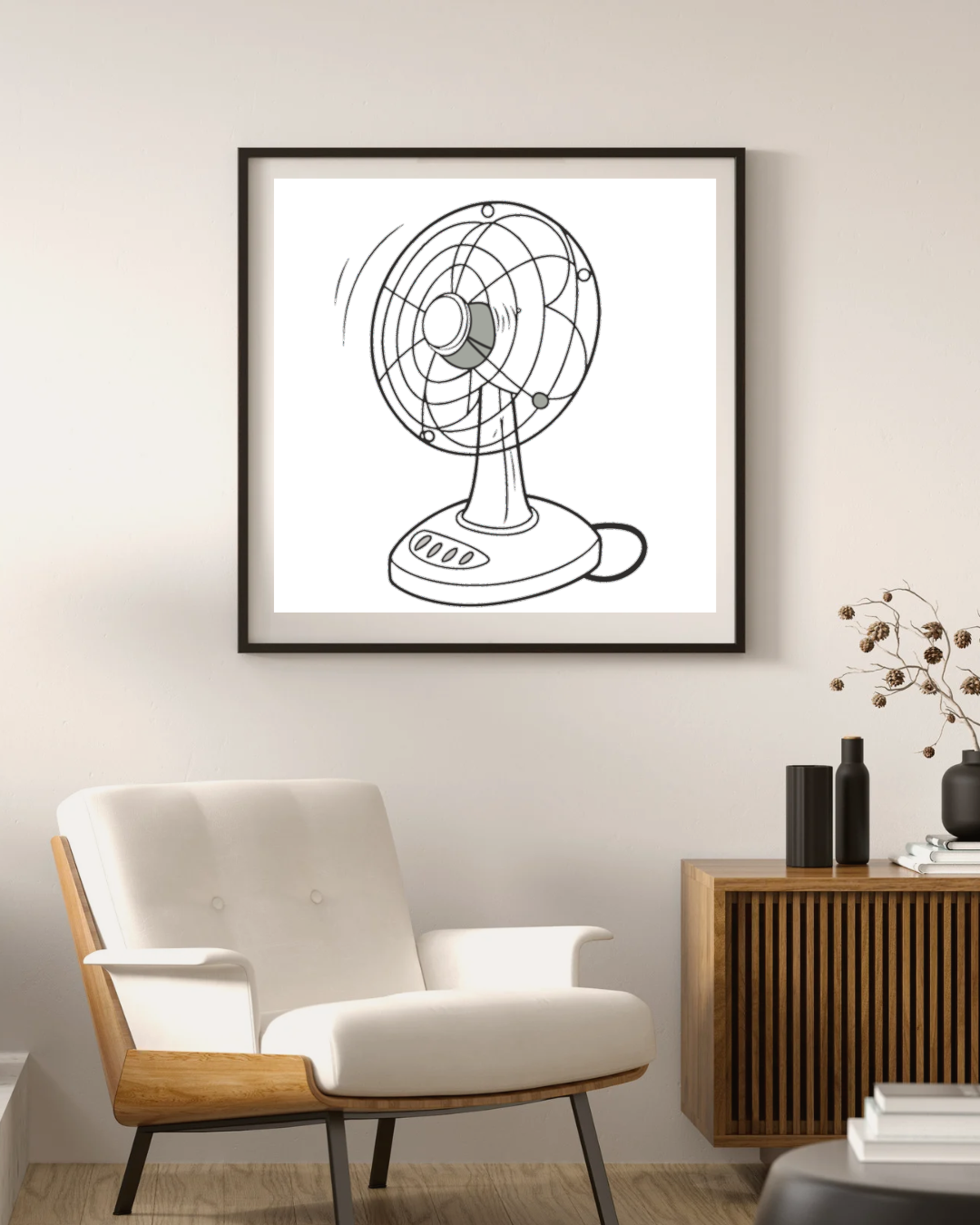 Cadre affichant un ventilateur minimaliste en mouvement pour une touche estivale