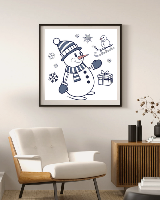 Cadre décoratif avec un bonhomme de neige joyeux dans un thème hivernal