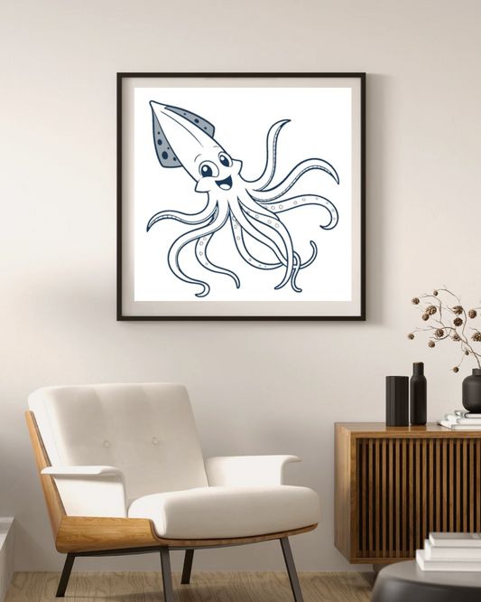 Cadre orné d'un calmar joyeux style dessin marin sur thème océan