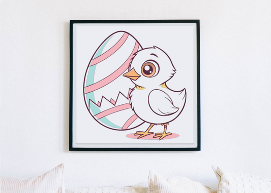 Cadre avec poussin joyeux pastel sortant d'un œuf pour décoration murale Pâques