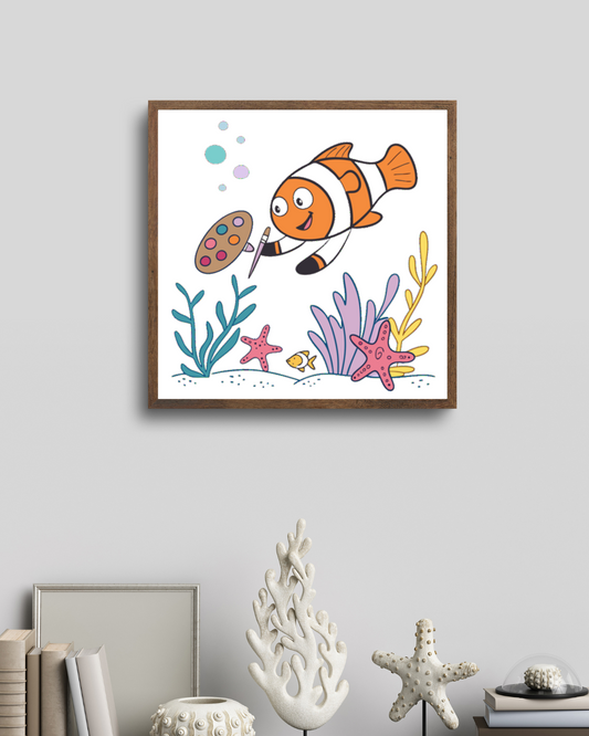 Cadre avec poisson clown style cartoon sur fond marin