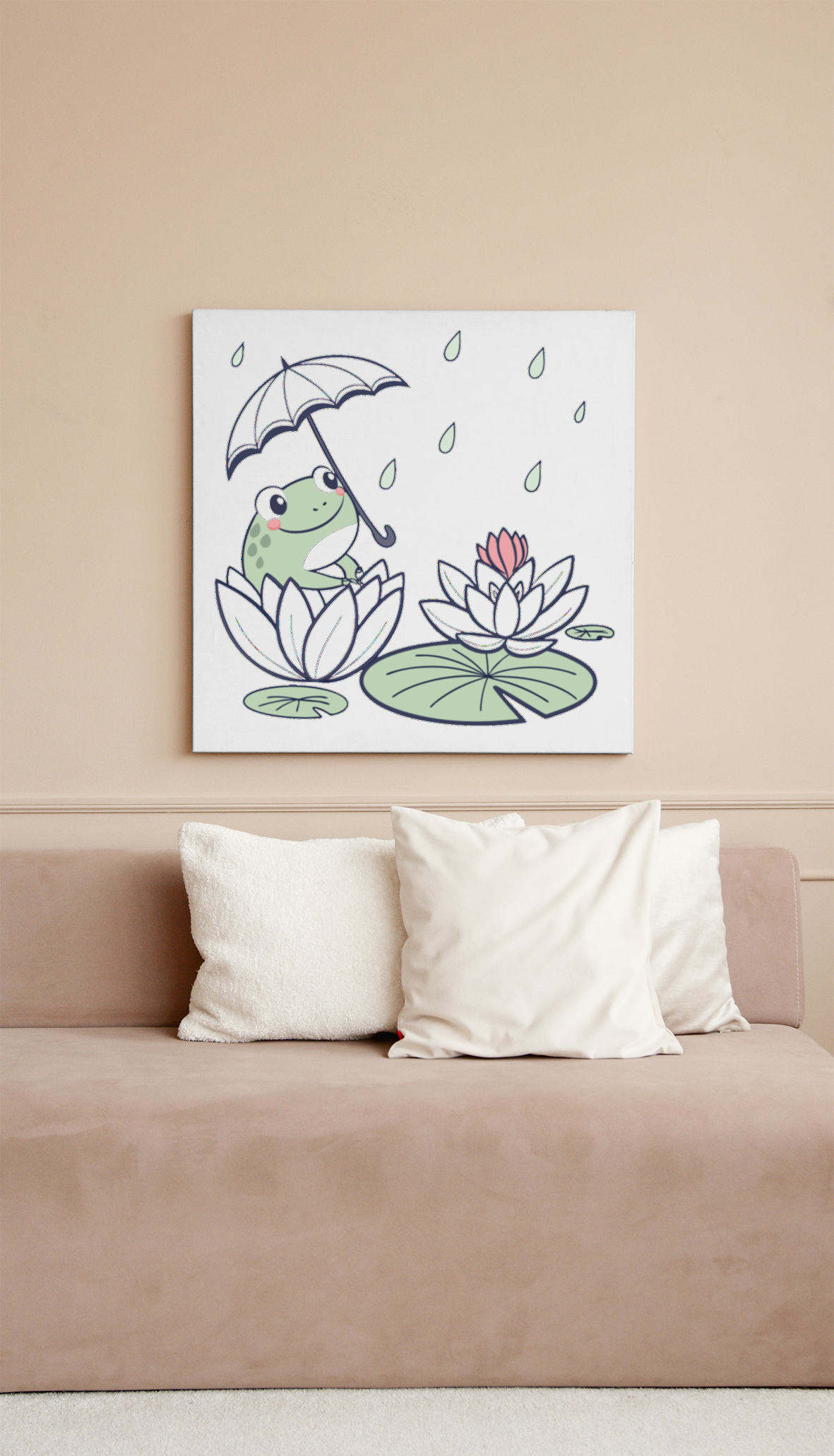 Cadre élégant avec grenouille relaxée sous la pluie dans des tons pastel apaisants