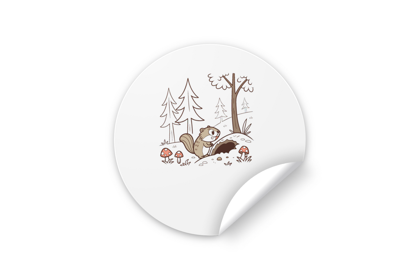 Sticker représentant un écureuil explorant une forêt dans un style de dessin numérique