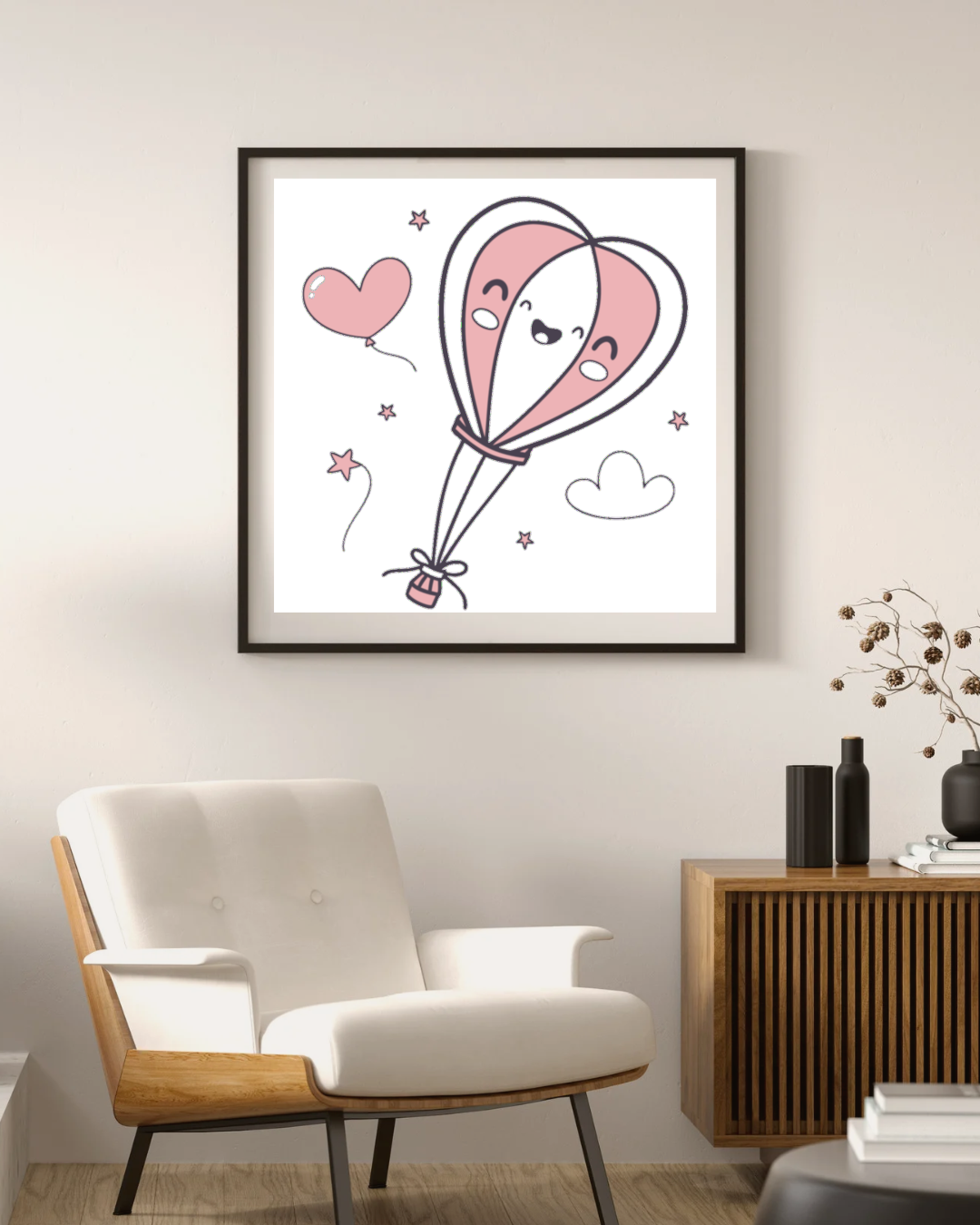 Dessin kawaii de ballon cœur dans un cadre, ajout décoratif charmant
