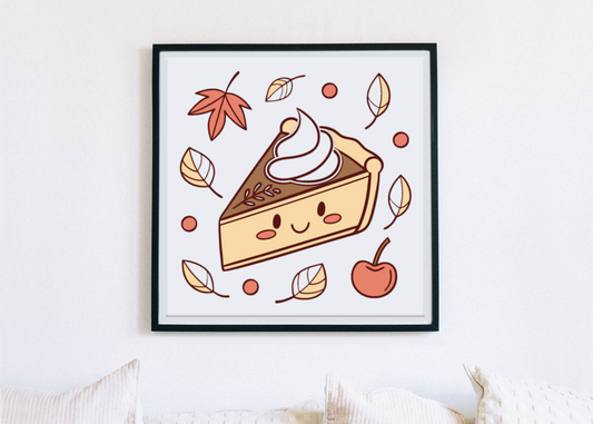 Cadre décoratif automnal avec part de tarte kawaii souriante en style SVG