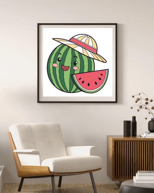 Cadre décoratif avec pastèque joyeuse en chapeau style kawaii pour ambiance estivale