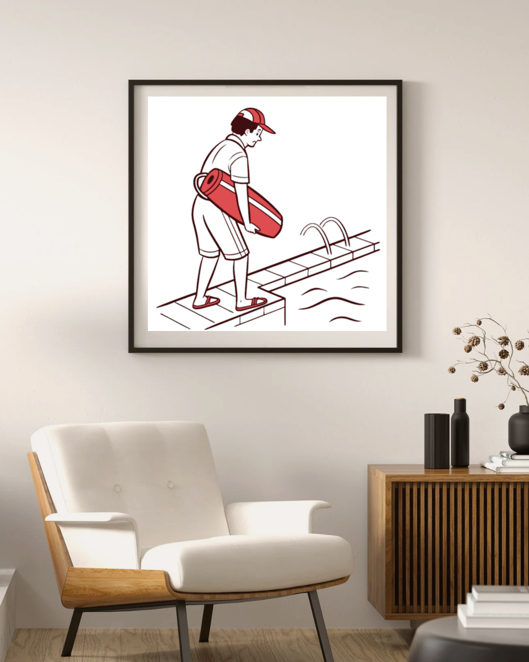 Illustration de sauveteur à la piscine, bouée rouge au bord - cadre élégant, Sauveteur avec bouée rouge, design nautique, idéal pour imprimés fond piscine, SVG de sauveteur et bouée, thème sécurité aquatique pour mug, Autocollant de sauveteur au design vintage, bouée rouge proéminente, Sauveteur avec bouée - illustration appliquée sur t-shirt, style mode