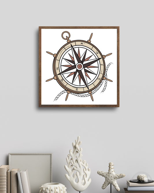 Cadre avec une rose des vents épurée sur fond nautique, élément décoratif maritime