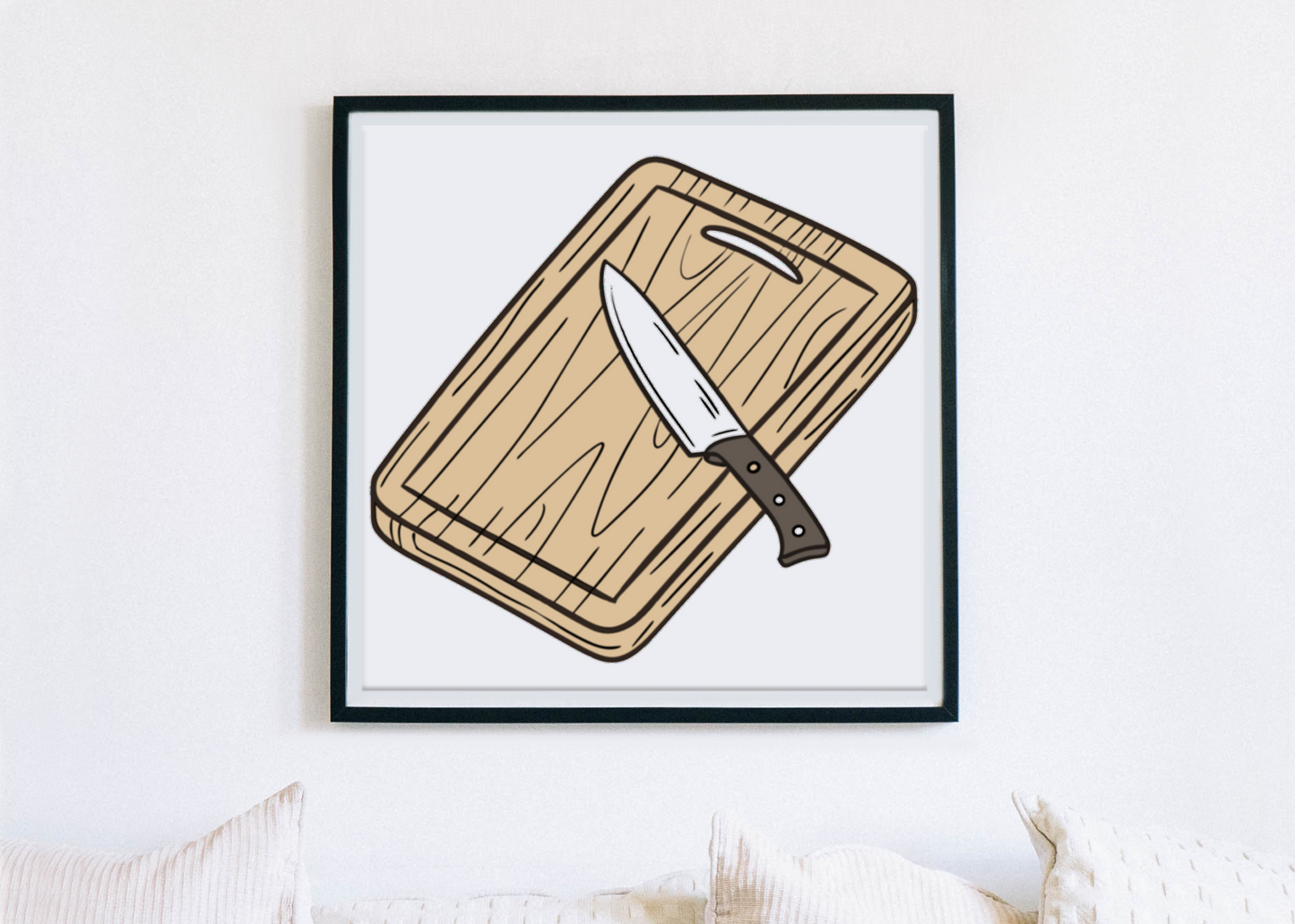 Cadre avec illustration doodle planche et couteau dynamique pour cuisine chic