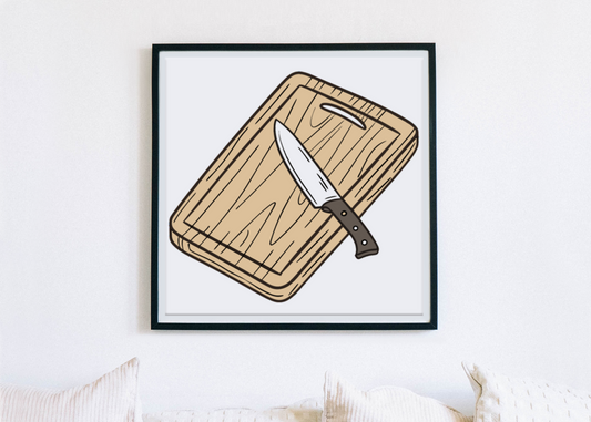 Cadre avec illustration doodle planche et couteau dynamique pour cuisine chic