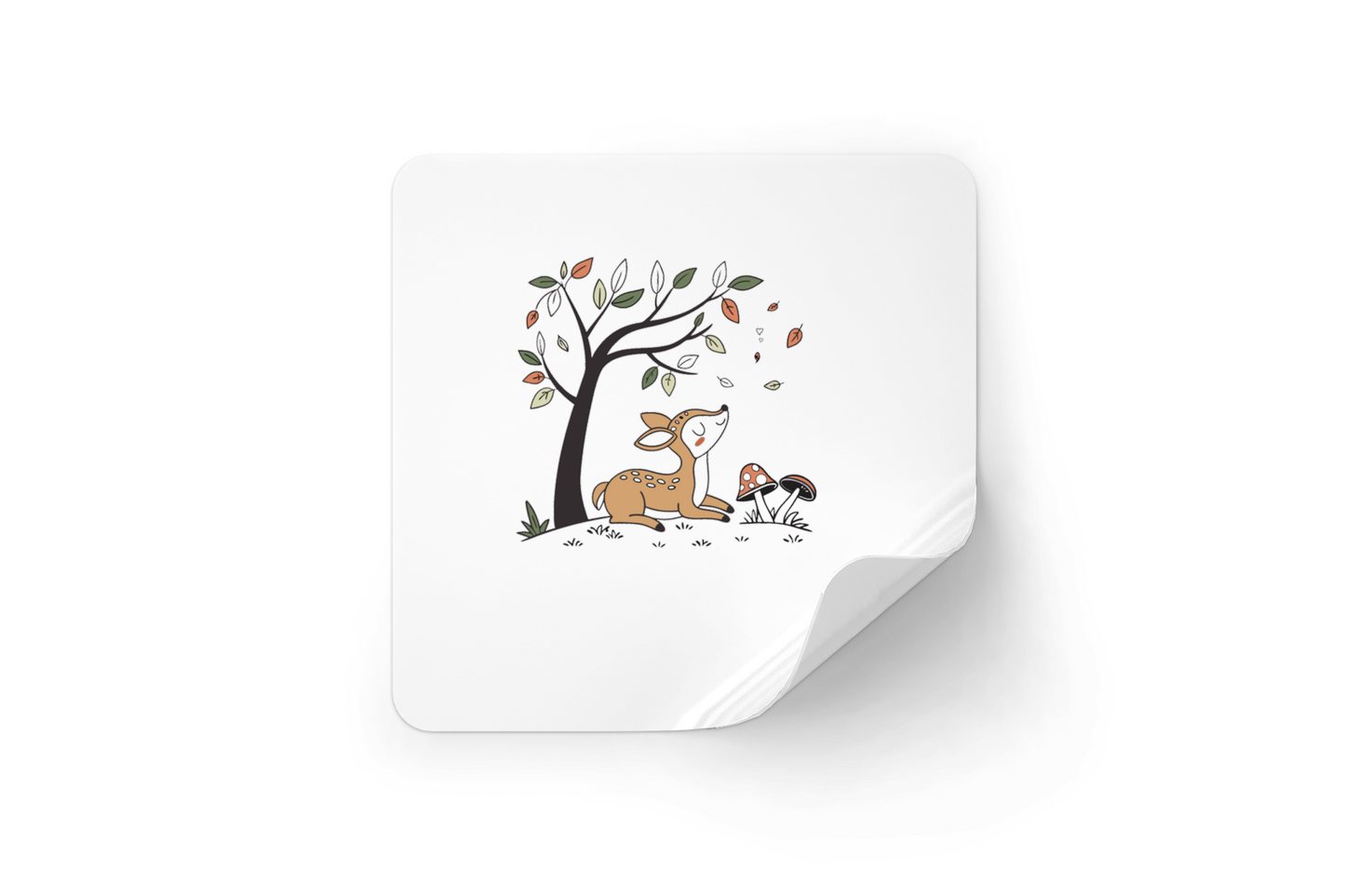Sticker avec un faon rêveur sous un arbre, ambiance pastel automnale
