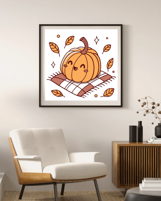 Cadre décoratif avec citrouille kawaii sur fond cosy automnal