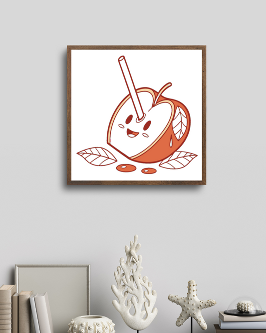 Cadre déco avec une pomme heureuse et paille en style graphique ludique