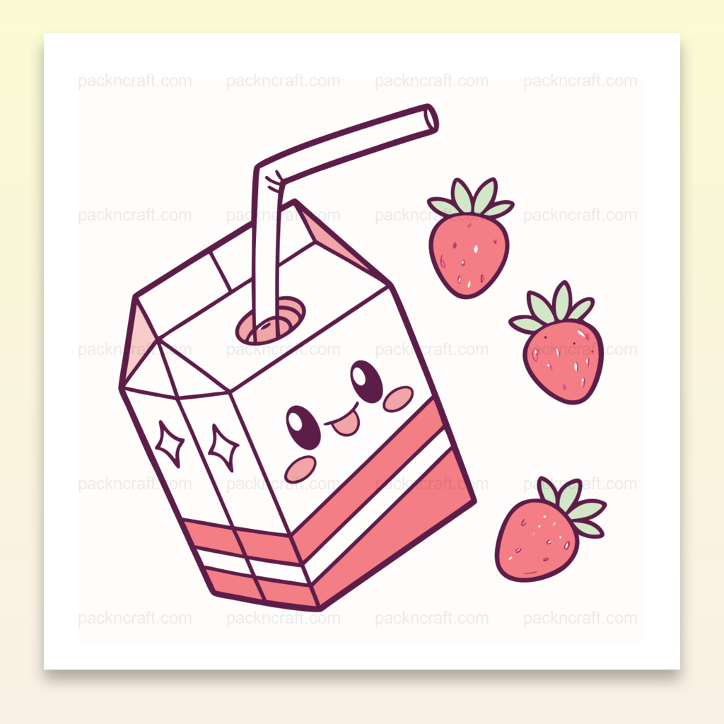 Illustration kawaii d'une boîte à jus avec fraises, idéale pour stickers.