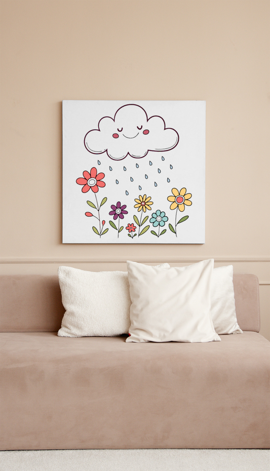 Cadre illustré d'un nuage souriant, arrosant des fleurs dans des tons pastel doux