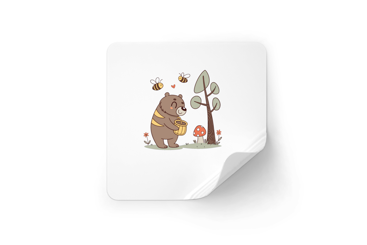 Sticker charmant d’un ours joyeux et abeilles dans une forêt enchantée