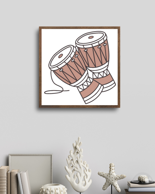 Cadre moderne avec bongos stylisés, design minimaliste pour une déco rythmée
