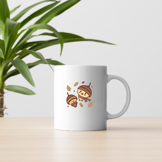 Mug avec glands dansants au style kawaii évoquant les émotions automnales