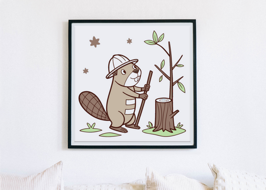 Cadre moderne avec castor stylisé dans une aventure forestière captivante