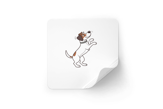 Sticker avec dessin de chien joyeux sautillant sur fond blanc style doodle amusant