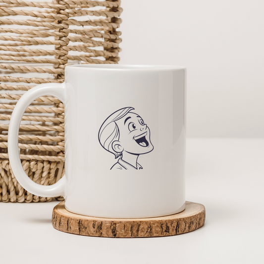 Mug décoré d'une icône minimaliste représentant un garçon heureux et souriant