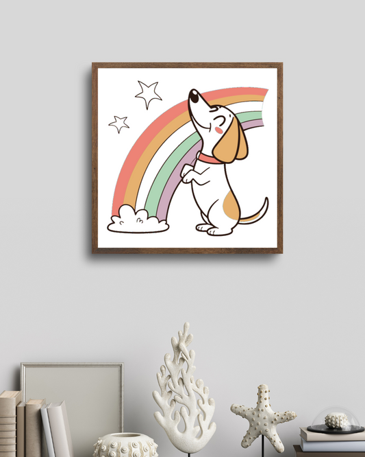 Cadre avec chien joyeux style cartoon sous arc-en-ciel coloré ambiance bonheur
