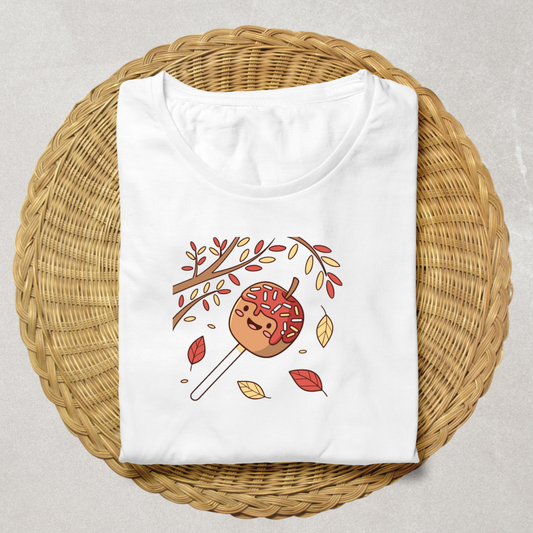 T-shirt automne doux avec icône pomme caramel rieuse aux tons pastel