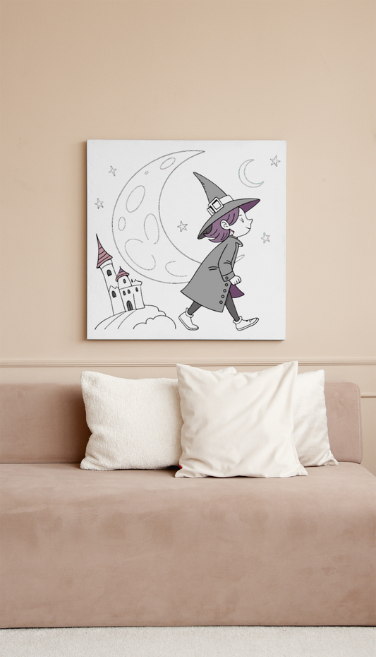 Cadre enchanteur avec une jeune sorcière rêveuse, ambiance mystique nocturne