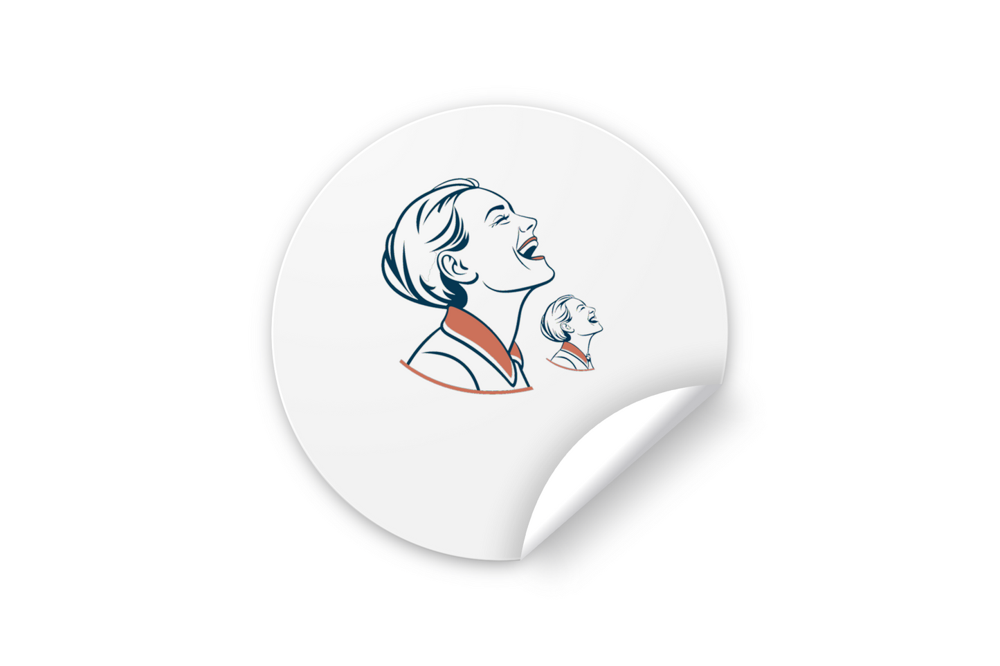 Sticker rétro avec une femme riant, ambiance estivale et joyeuse