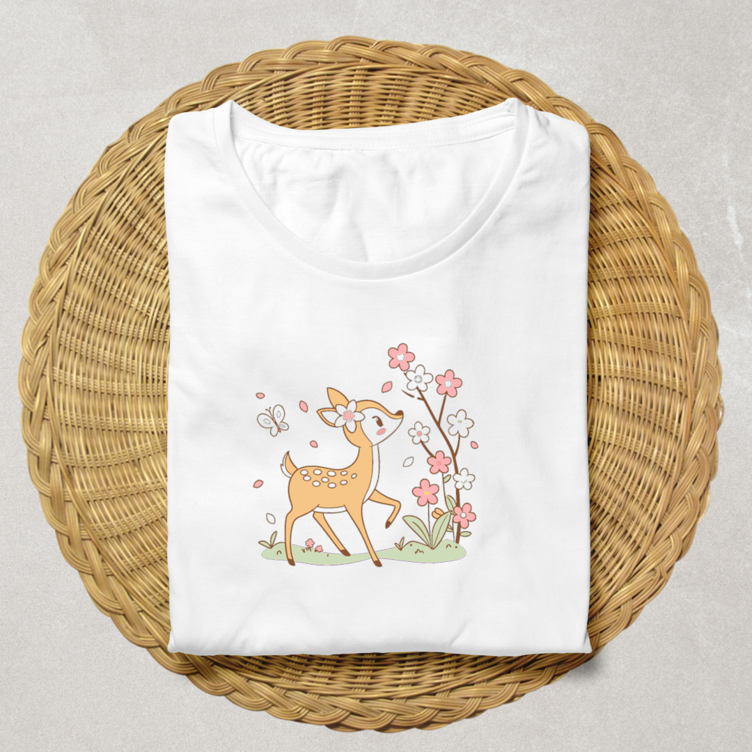 T-shirt avec faon curieux pastel et motifs floraux printaniers doux et enchanteurs