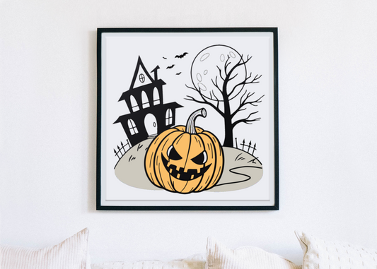 Cadre avec citrouille sinistre et manoir pour une touche Halloween inquiétante