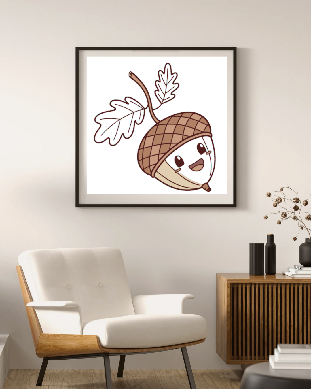 Cadre affichant un gland joyeux style kawaii ambiance automne colorée et chaleureuse