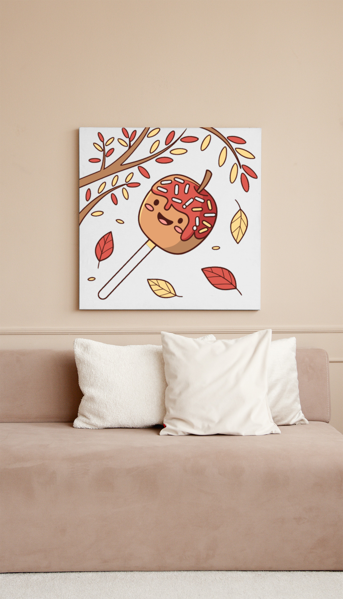 Cadre décoratif avec motif pomme caramel pastel apportant une touche automnale cosy