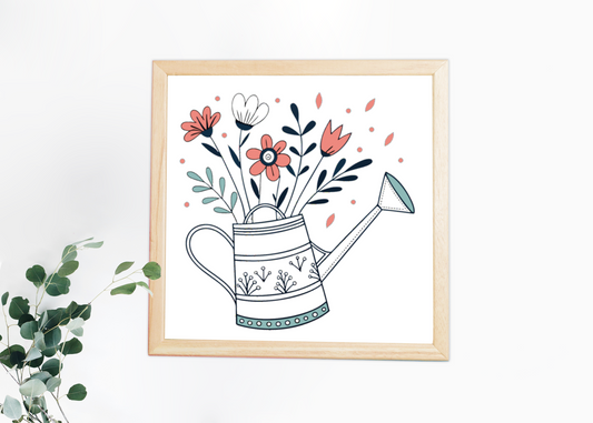 Cadre élégant présentant un arrosoir orné de fleurs avec un style printanier raffiné