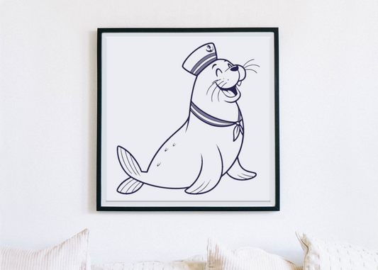 Cadre minimaliste avec phoque marin ravi monochrome évoquant une aventure maritime