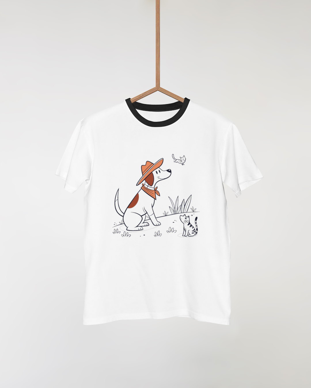 T-shirt avec motif chien cowboy souriant en style dessin, aventure animale amusante