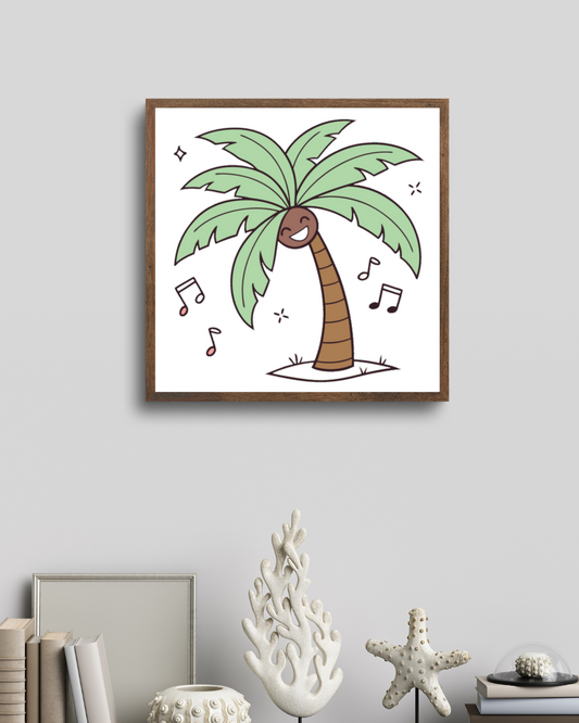 Scène enjouée avec un cadre illustrant un palmier doodle dansant, ambiance tropicale