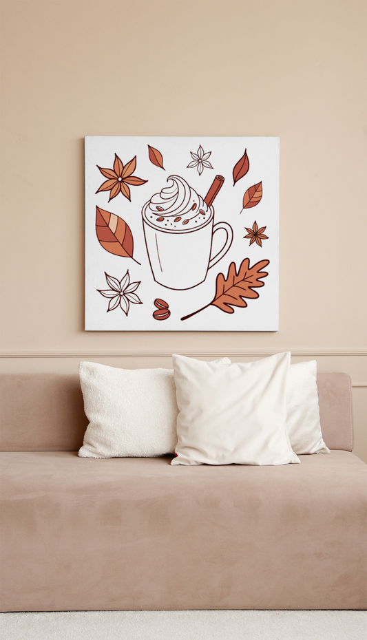 Cadre décoratif avec feuilage automnal et latté crémeux dans un style épuré