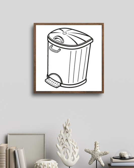 Cadre décoratif avec illustration doodle d'une poubelle à pédale stylisée