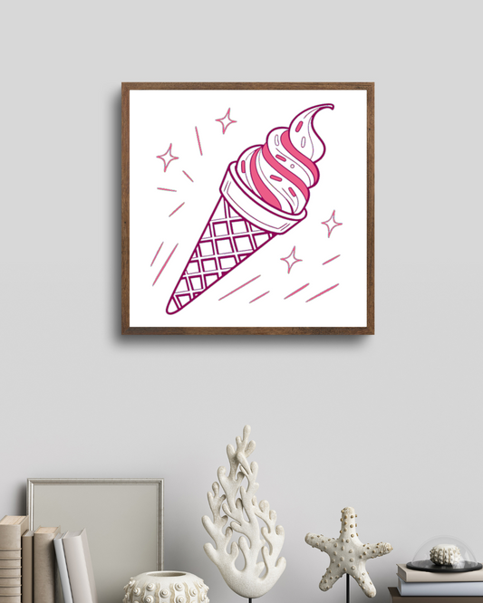 Design rétro encadré de cône glacé pour décoration murale.