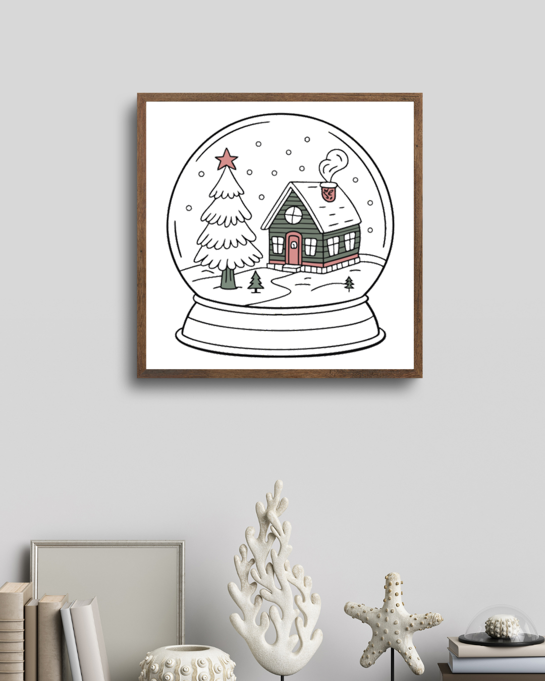 Cadre décoratif avec maison hivernale et ambiance féérique pour Noël