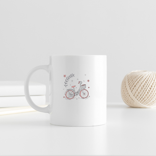 Mug avec vélo vintage fleuri minimaliste évoquant une ambiance printanière