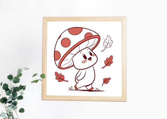 Cadre décoratif pastel montrant un champignon joyeux dans une forêt enchantée