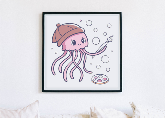 Cadre illustré d'une méduse kawaii peignant joyeusement avec un décor marin