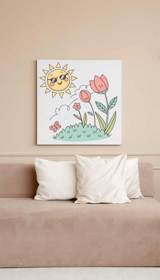Cadre avec soleil joyeux et fleurs en style kawaii, ambiance printanière colorée
