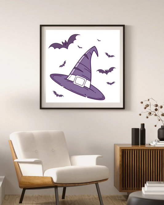 Cadre avec icône doodle de chapeau de sorcière flottant pour déco Halloween
